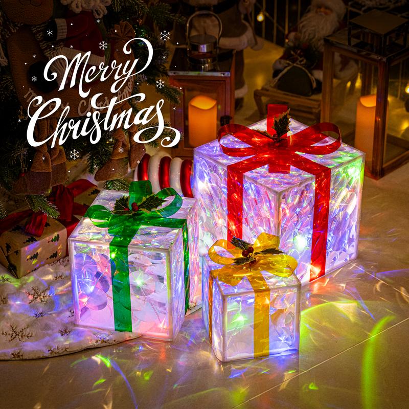 Set of 3 Christmas Lighted Gift Boxes(Assembly Required）,8 Light Modes Light Up Present Boxes Christmas Decorations for Indoor Outdoor Porch Yard Tree Holiday Decor（Color Changing）