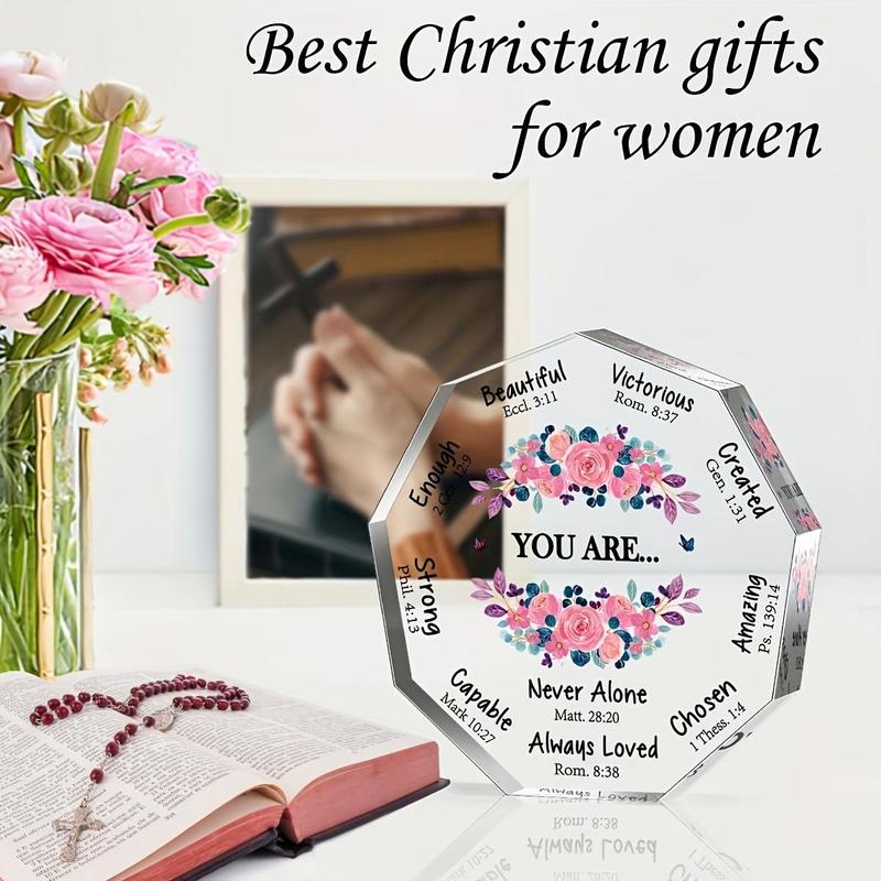 Acrylic Christian Gift, Letter & Flower Pattern Clear Decorative Plaque for Home & Office, Inspirational Religious Gifts for Women