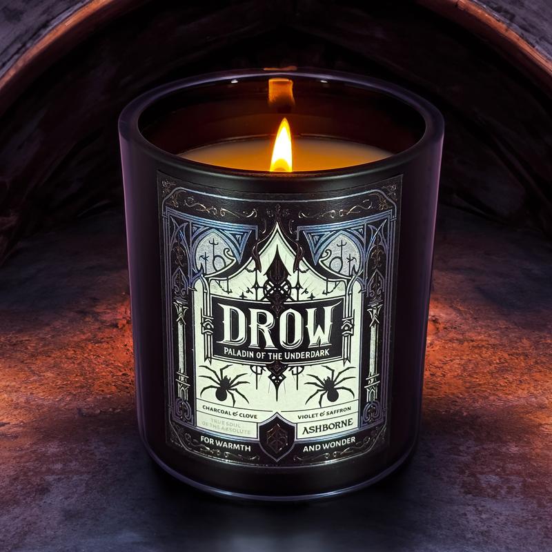 Drow Paladin Of The Underdark - 8oz Scented Candle - Charcoal, Clove, Violet, Saffron - Natural Coconut Wax - 35 h Burn Time - Premium Foil Label dark candles