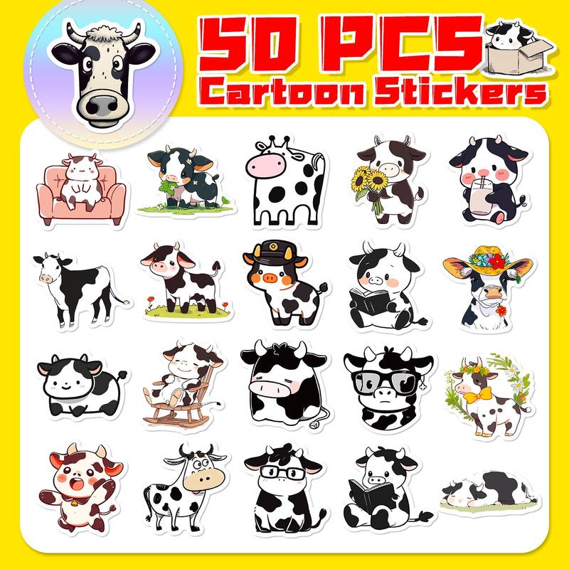 50pcs Cartoon Cow Pattern Sticker, Self Adhesive Decor Paper, Creative Graffiti Sticker For DIY Scrapbooking Laptop Luggage Water Bottle Decoration