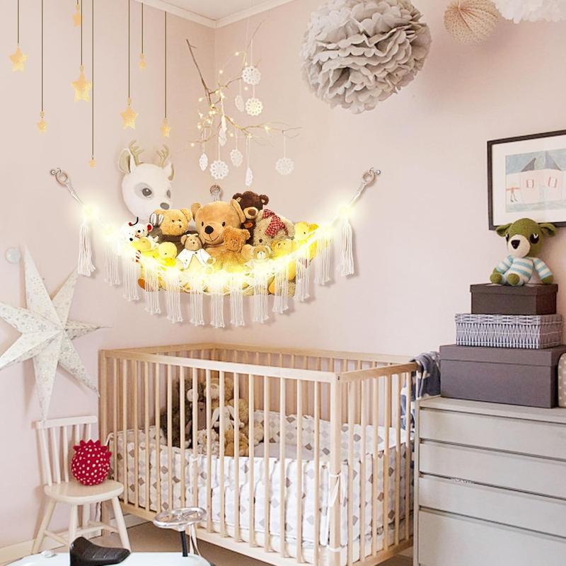 Stuffed Animal Hammock with LED Light,Toy Hammock for Stuffed Animals Storage for Kids Room Decor,Stuffed Animal Hammock Corner Nursery Kids Bedroom