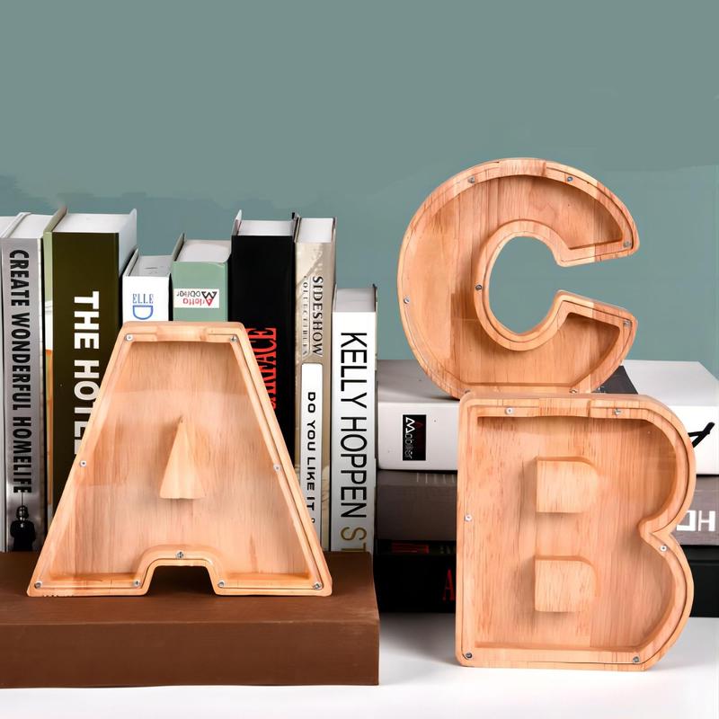 Wooden Alphabet Letter Coin Bank, 1 Count Personalized Piggy Bank, Creative Transparent Money Saving Box, Name Saving Bank for Birthday Unique Gift