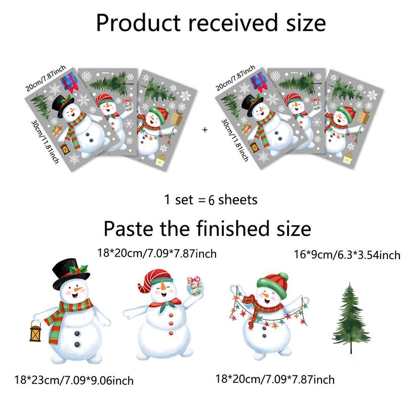 Snowman Pattern Window Sticker, 6 Sheets set Christmas Double Sided Static Cling Window Decal, Self Adhesive Decorative Sticker for Home Bedroom Balcony