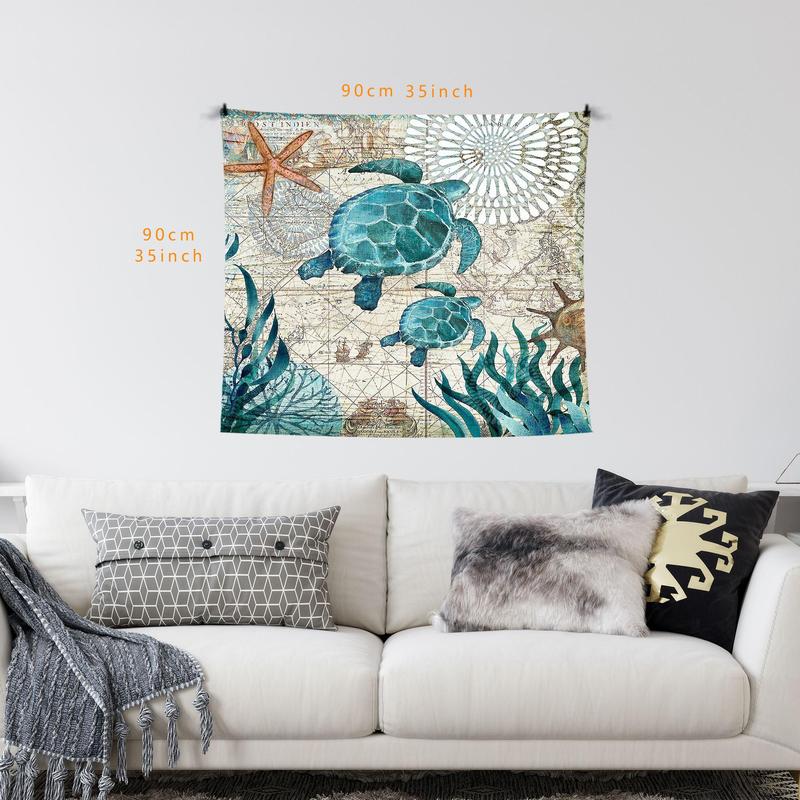 Turtle & Sea Pattern Tapestry, 1 Count Cute Wall Hanging Blanket, Wall Art Decor for Home Living Room Bedroom Study Room Office