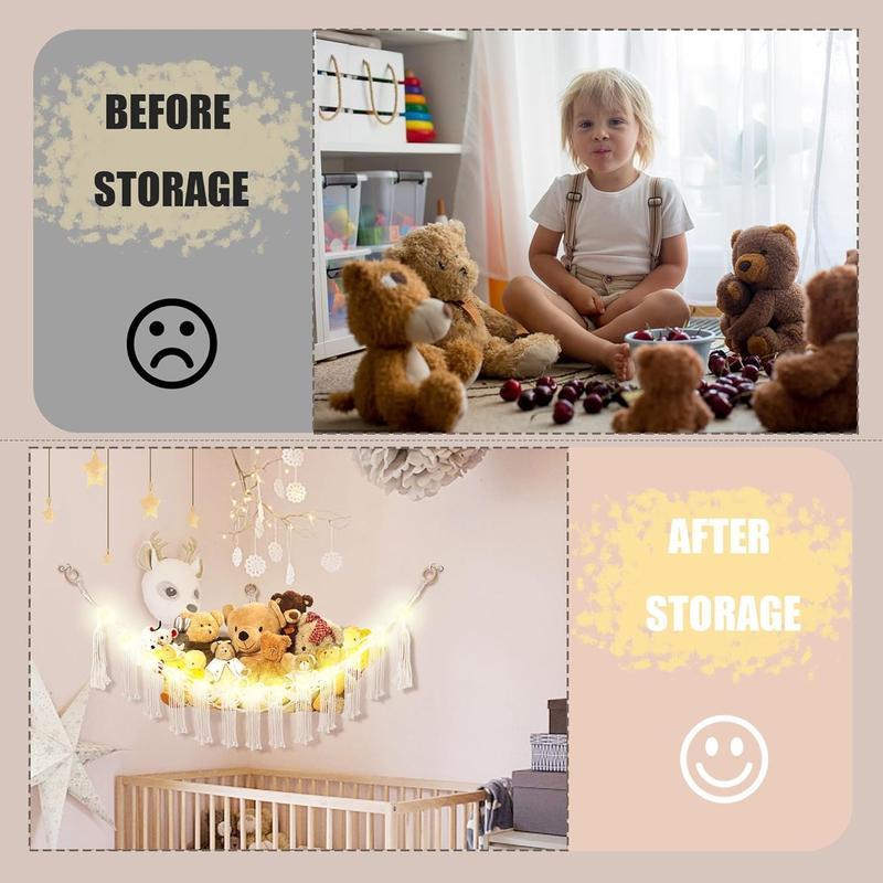 Stuffed Animal Hammock with LED Light,Toy Hammock for Stuffed Animals Storage for Kids Room Decor,Stuffed Animal Hammock Corner Nursery Kids Bedroom