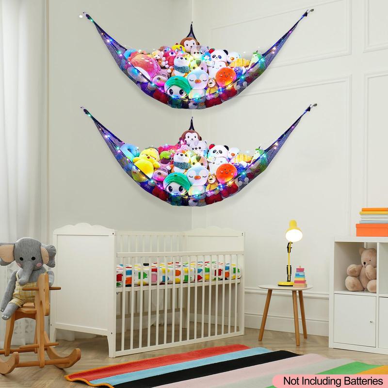 Stuffed Animals Net or Hammock Kids Toy Storage Organizer with LED Light Hanging Corner Stuffed Animals Holder Kids Girls Room Decor(Pack of 2)