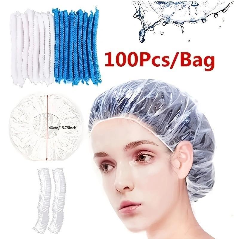 100pcs Disposable Shower Caps, Plastic Elastic Bath Caps, Waterproof Shower Hair Cover