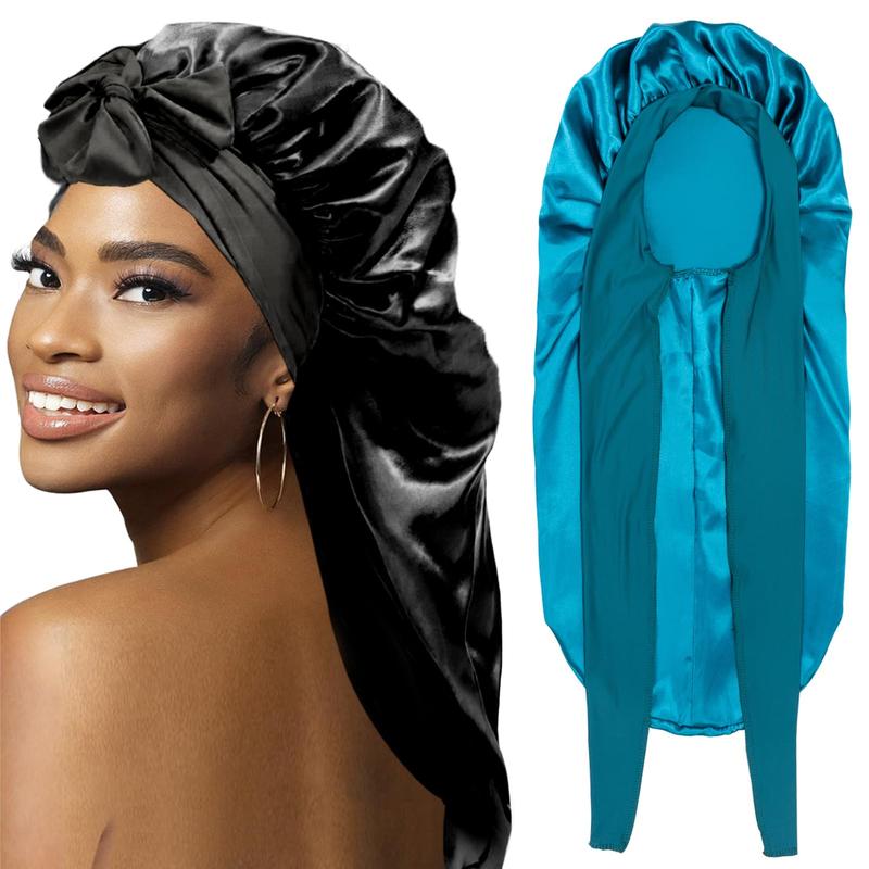  Bonnets for Black Women Braid Bonnet Large Long Satin Silk Bonnet with Stretchy Tie Band Sleep Shower Cap Hair 2 Count Black & Blue