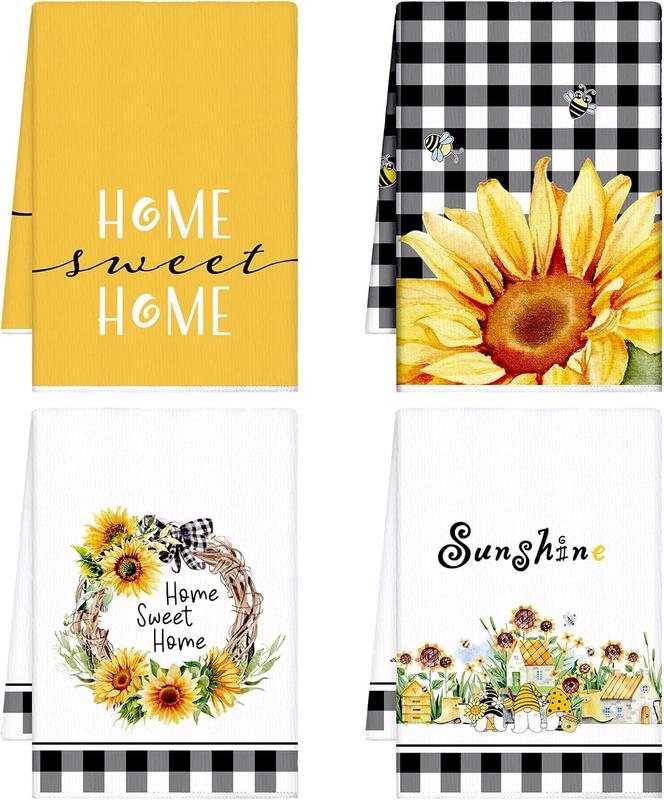 4 count Sunflower Kitchen Towels Summer Sea Beach Flower Floral Embroidered Kitchen Dish Towels Fast Drying Kitchen Decor for Cooking, 16 x 24 Inch(Plaid, Sunflower)