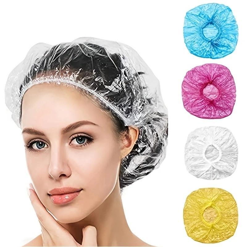 100pcs Disposable Shower Caps, Plastic Elastic Bath Caps, Waterproof Shower Hair Cover