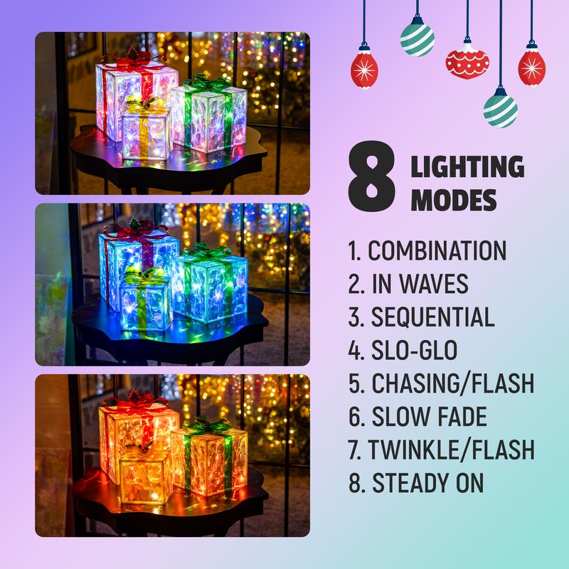 Set of 3 Christmas Lighted Gift Boxes(Assembly Required）,8 Light Modes Light Up Present Boxes Christmas Decorations for Indoor Outdoor Porch Yard Tree Holiday Decor（Color Changing）