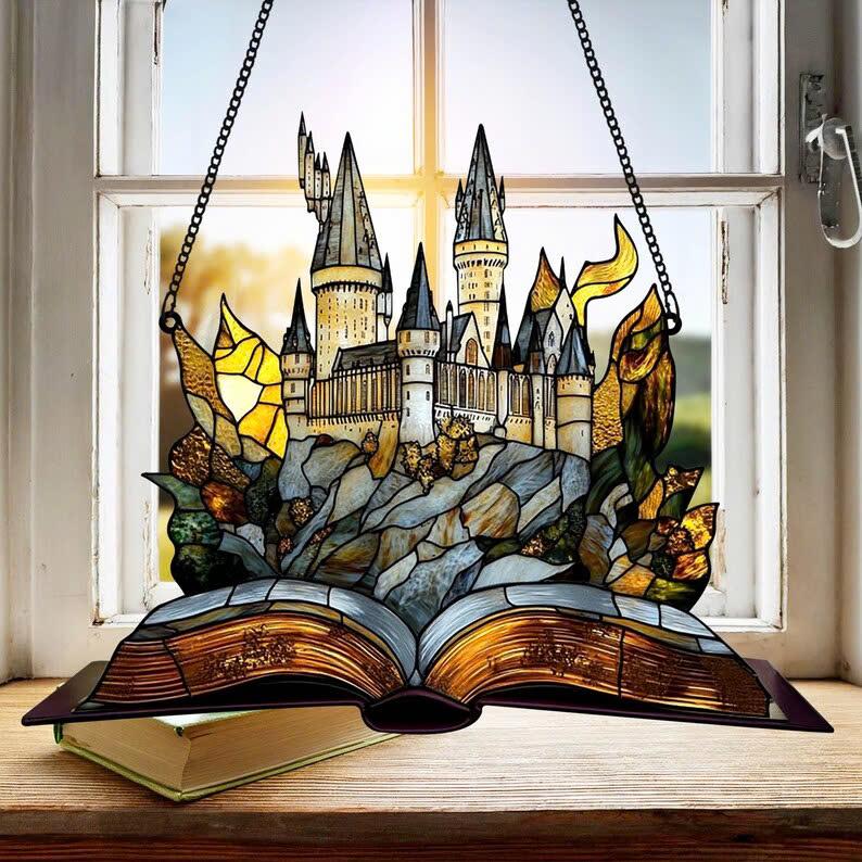 HGWs Castle Acrylic Ornament Wizard School Acrylic Window Hanging Magical Castle Bookish Wall Art Hanging Decor HP Fan Gifts