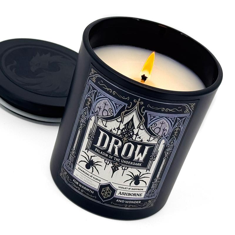 Drow Paladin Of The Underdark - 8oz Scented Candle - Charcoal, Clove, Violet, Saffron - Natural Coconut Wax - 35 h Burn Time - Premium Foil Label dark candles