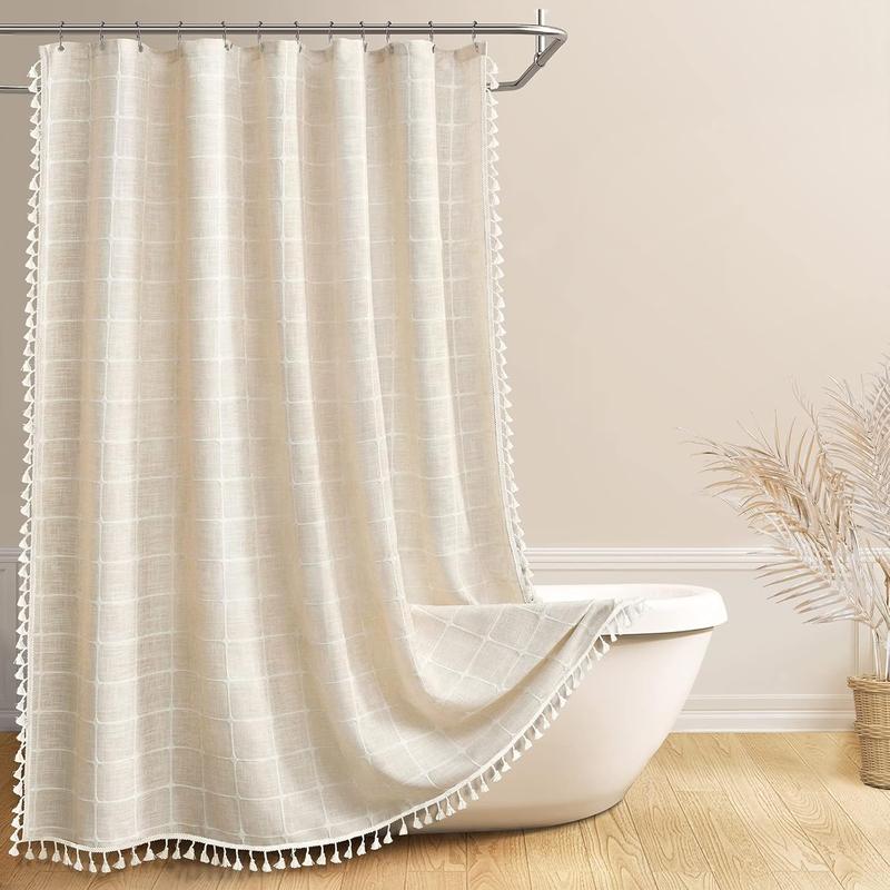 Shower Curtain for Bathroom Beige Linen Fabric Shower Curtains Set with 12 Hooks Thick Textured Extra Long 72x84