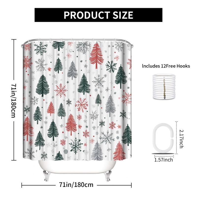 Christmas Tree & Snowflake & House Pattern Shower Curtain, 1 Count Bathroom Curtain with Hooks, Bathroom Accessories for Home Dormitory Hotel Decor