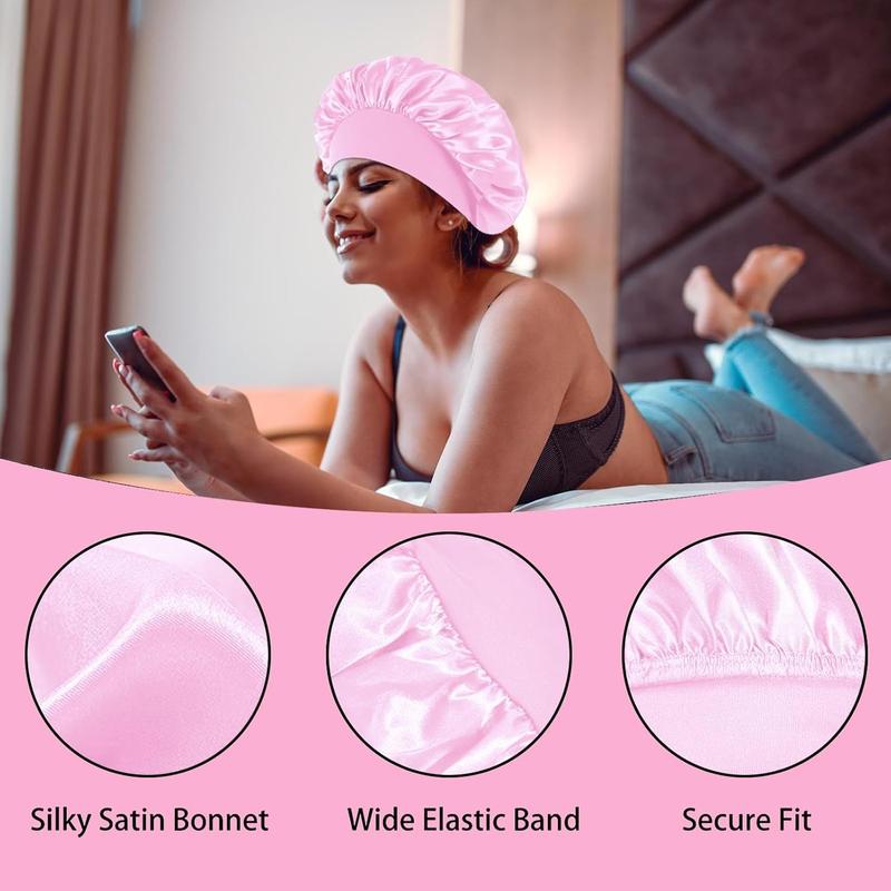 4PCS Satin Hair Bonnet for Sleeping,Bonnets for Black Women Men,Silk Bonnet for Sleeping,Hair Wrap Cap for Curly Hair,Elastic Wide Band Hair Bonnet Shower Cap (Black & Blue & Pink & Purple)