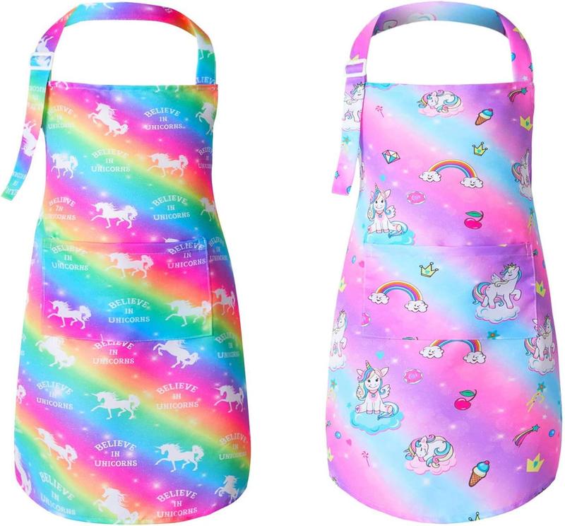 2 Pack Kids Apron Rainbow Unicorn Aprons With Pockets for Girls Boys Toddler Apron for Painting Cooking Baking