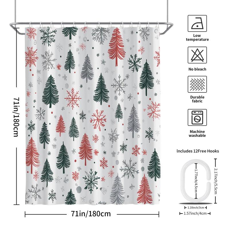 Christmas Tree & Snowflake & House Pattern Shower Curtain, 1 Count Bathroom Curtain with Hooks, Bathroom Accessories for Home Dormitory Hotel Decor