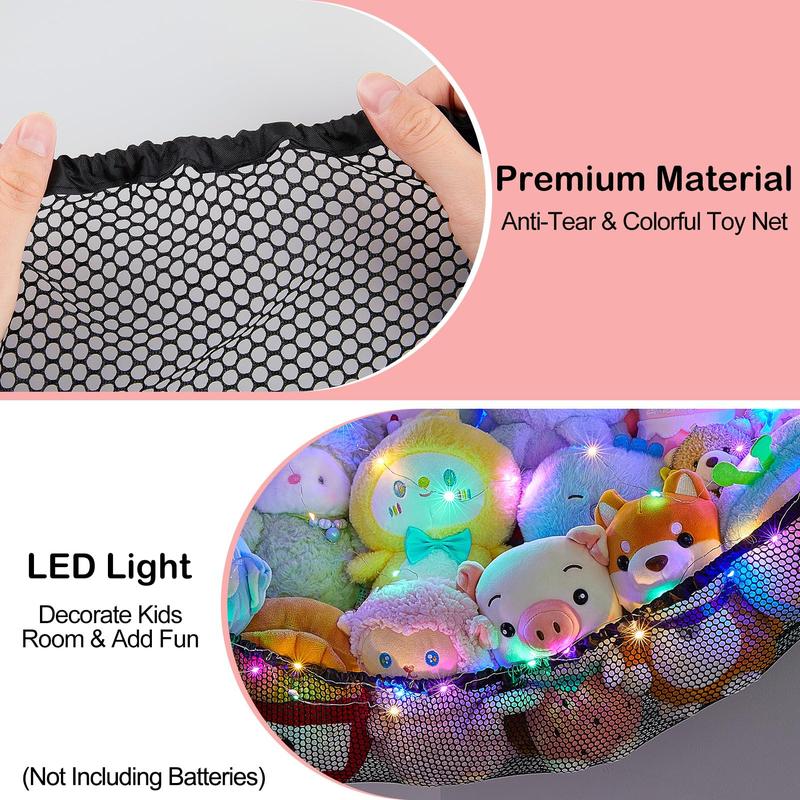 Stuffed Animals Net or Hammock Kids Toy Storage Organizer with LED Light Hanging Corner Stuffed Animals Holder Kids Girls Room Decor(Pack of 2)