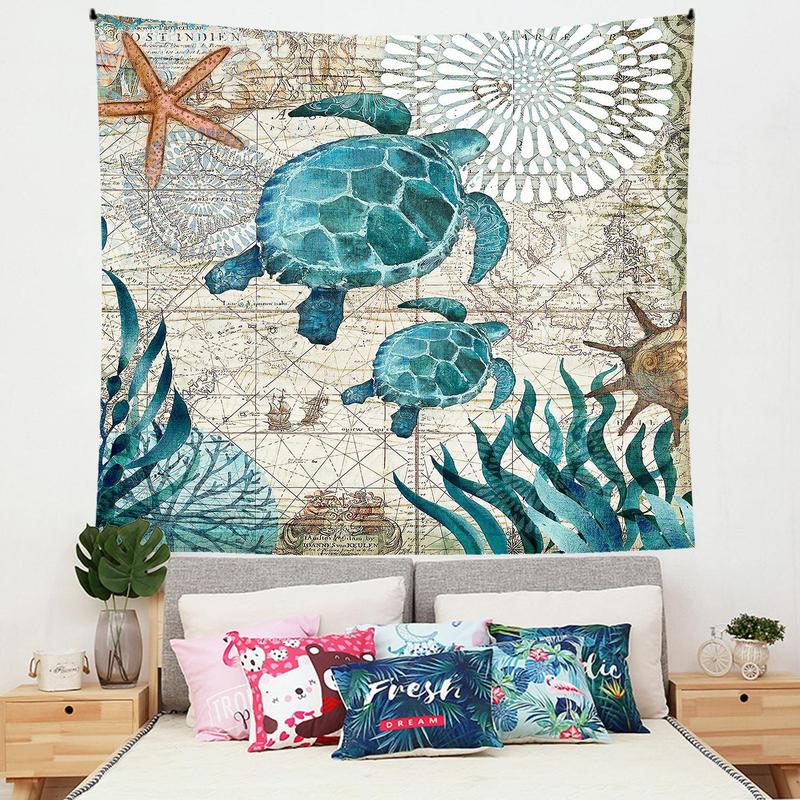 Turtle & Sea Pattern Tapestry, 1 Count Cute Wall Hanging Blanket, Wall Art Decor for Home Living Room Bedroom Study Room Office