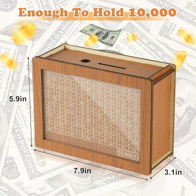 Cash Vault Wooden Savings Box, Wooden Cash Saver Money Box with Money Target and Numbers.