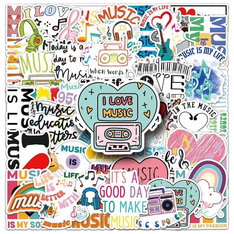 Music Themed Sticker, 51pcs set Waterproof Self Adhesive Decorative Paper, DIY Decals for Gift Greeting Card Water Bottle Laptop Phone