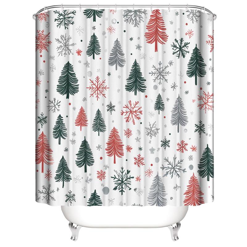 Christmas Tree & Snowflake & House Pattern Shower Curtain, 1 Count Bathroom Curtain with Hooks, Bathroom Accessories for Home Dormitory Hotel Decor