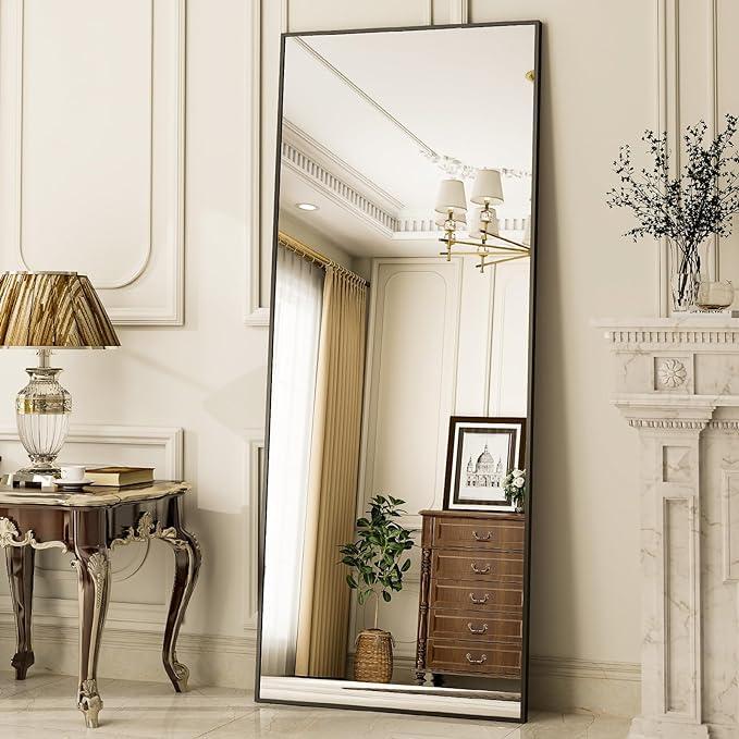 21 in. W x64 in. H Rectangular Full Length Mirror  Home DecorFull Length Mirror Standing Hanging or Leaning Against Wall, Large, Rectangle, Bedroom Wall-Mounted   Floor Dressing Mirror, Aluminum Alloy Thin Frame, Black, 64