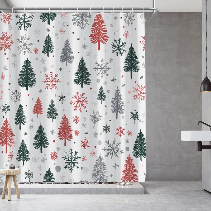 Christmas Tree & Snowflake & House Pattern Shower Curtain, 1 Count Bathroom Curtain with Hooks, Bathroom Accessories for Home Dormitory Hotel Decor