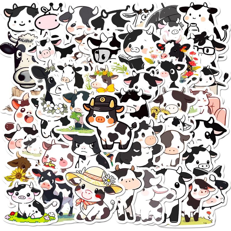 50pcs Cartoon Cow Pattern Sticker, Self Adhesive Decor Paper, Creative Graffiti Sticker For DIY Scrapbooking Laptop Luggage Water Bottle Decoration