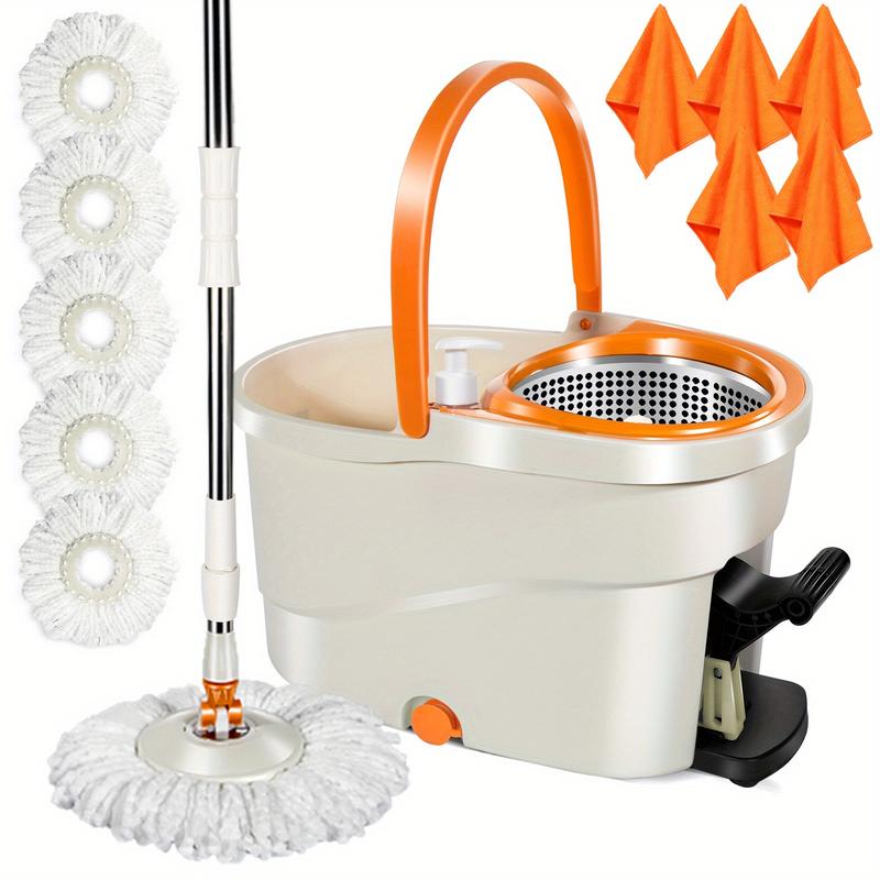 2024 MASTERTOP Spin Mop and Bucket with Wringer Set, Floor Cleaning System, Easy Wring Foot Pedal, Stainless Steel Mop Handle, 5 Microfiber Refills, 5 Cleaning Clothes, Hardwood Laminate Tiles