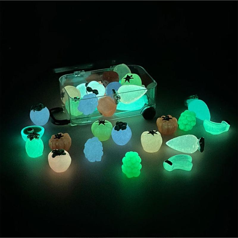 Random Color Luminous Resin Ornament, 10 20 30pcs set Miniature Fruit & Vegetable Design Decoration with Mini Transparent Luggage Box