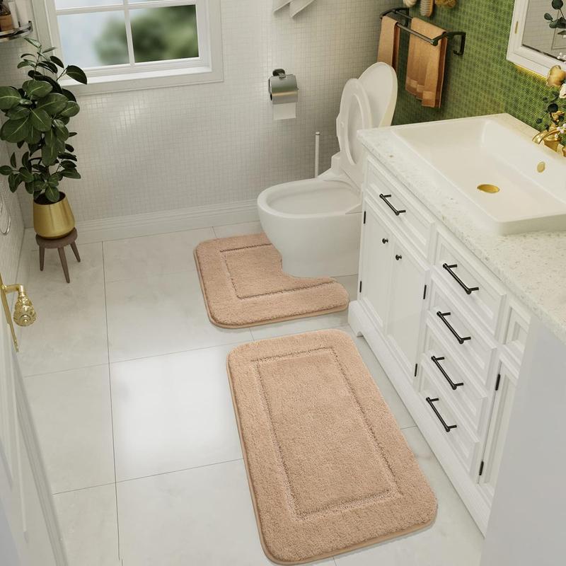 Bathroom Rug Set Beige, Soft Bath Rug Set 2 count Set, Toilet Mat U-Shaped 20x20 and 34x20 Bathroom Rugs, Quickly Dry Mats for Bathroom, Tub, Washable, Super Absorbent Floor Mat