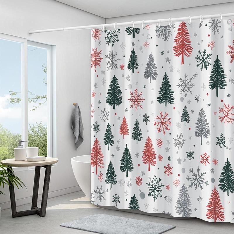 Christmas Tree & Snowflake & House Pattern Shower Curtain, 1 Count Bathroom Curtain with Hooks, Bathroom Accessories for Home Dormitory Hotel Decor