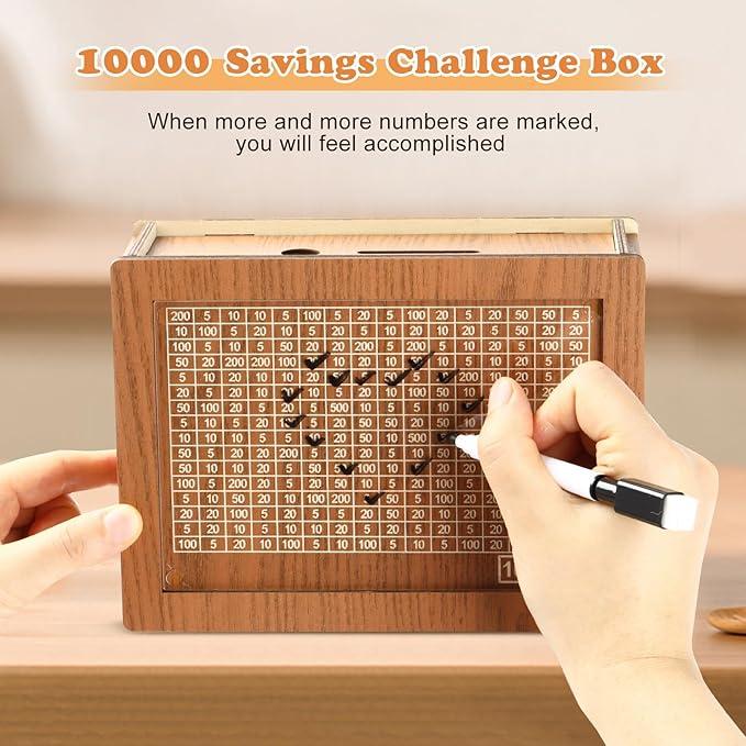 Cash Vault Wooden Savings Box, Wooden Cash Saver Money Box with Money Target and Numbers.