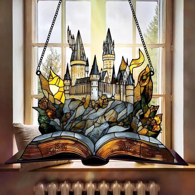 HGWs Castle Acrylic Ornament Wizard School Acrylic Window Hanging Magical Castle Bookish Wall Art Hanging Decor HP Fan Gifts