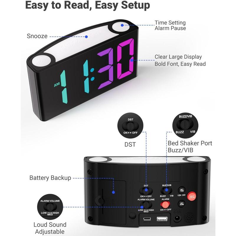 Loud Alarm Clock - Vibrating Alarm Clock with Bed Shaker : 10 Dynamic Display RGB Clock, 8 Night Light, Brightness Dimmable Loud Alarm Clock for Heavy Sleepers Adults Teens Decor Decor Decor