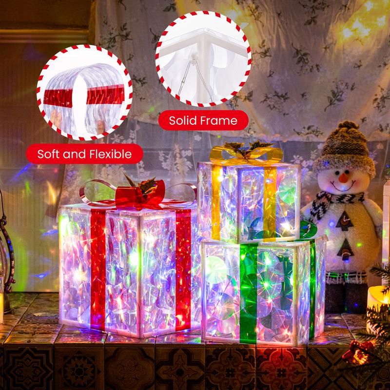 Set of 3 Christmas Lighted Gift Boxes(Assembly Required）,8 Light Modes Light Up Present Boxes Christmas Decorations for Indoor Outdoor Porch Yard Tree Holiday Decor（Color Changing）