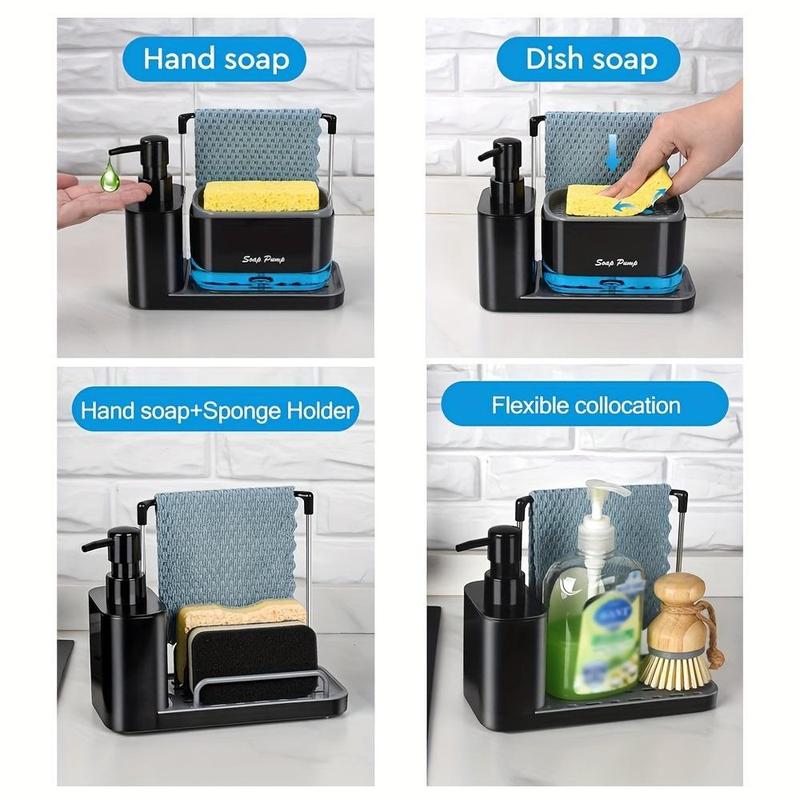 5 in 1 Kitchen Hand Soap and Detergent Dispenser, 1 Count Soap Dispenser with Sponge Holder & Rag Shelf & Tray, Kitchen Sink Organizer, Kitchen Accessories