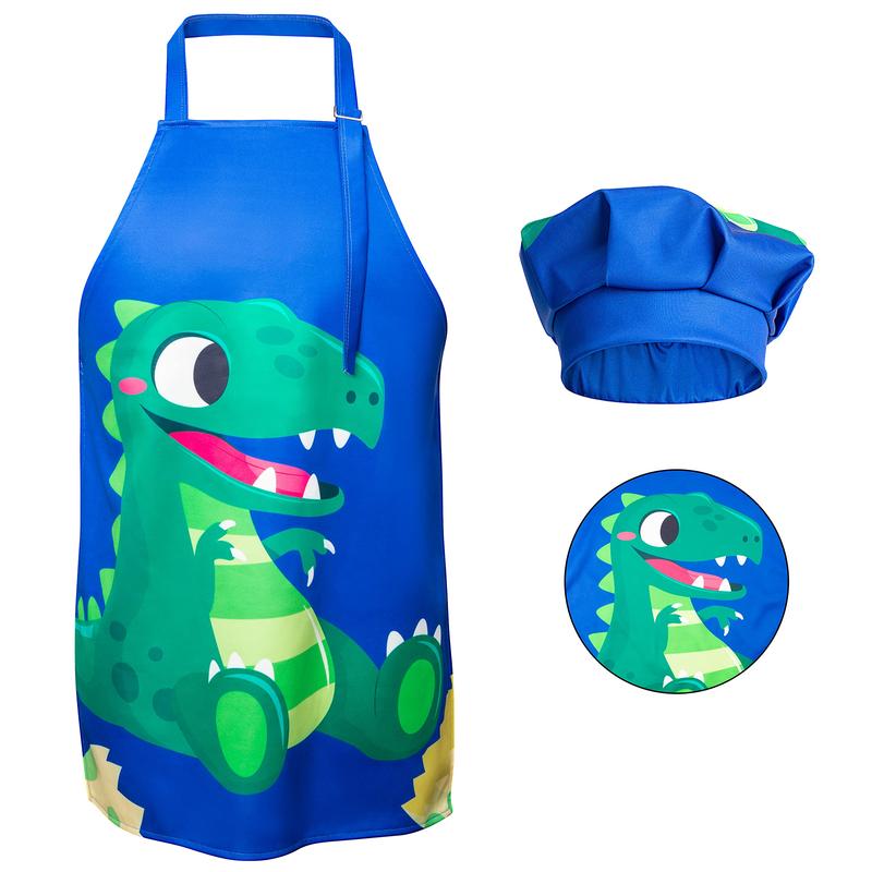 2 Pcs Kids Apron and Chef Hat Set, Adjustable Kids Kitchen Apron Painting Apron for Kids Cooking, Baking, Painting and Training Wear(Blue, Dinosaur)