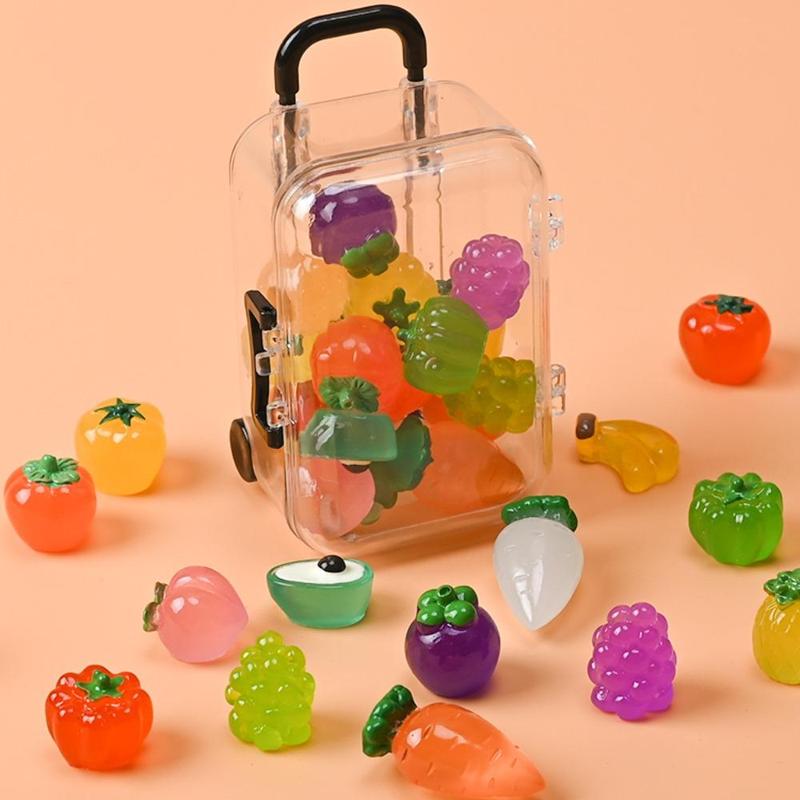 Random Color Luminous Resin Ornament, 10 20 30pcs set Miniature Fruit & Vegetable Design Decoration with Mini Transparent Luggage Box