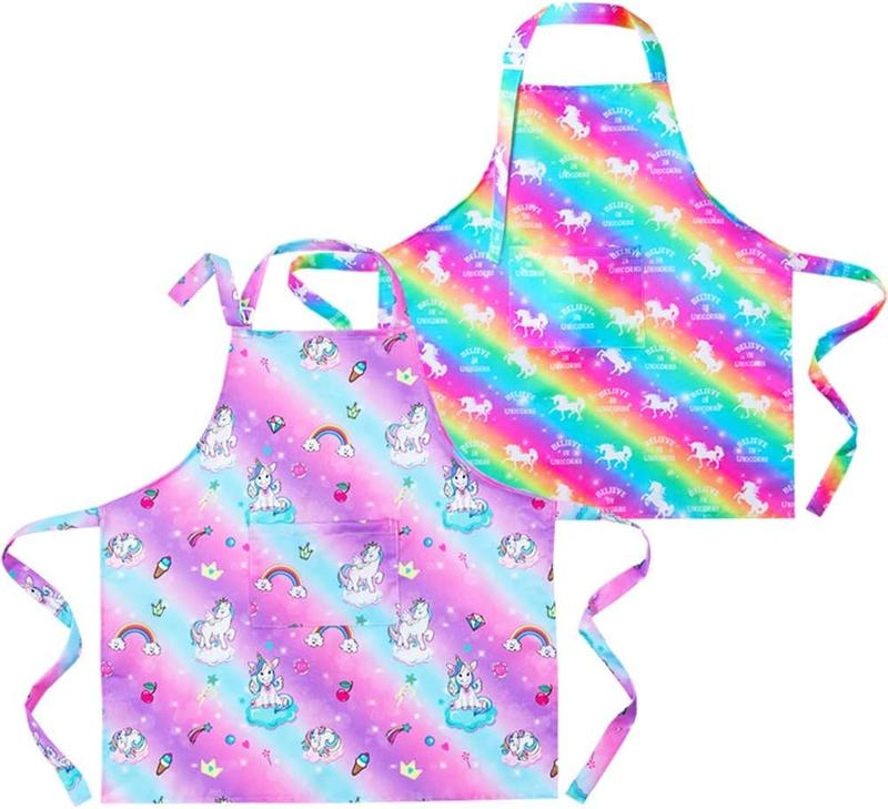 2 Pack Kids Apron Rainbow Unicorn Aprons With Pockets for Girls Boys Toddler Apron for Painting Cooking Baking