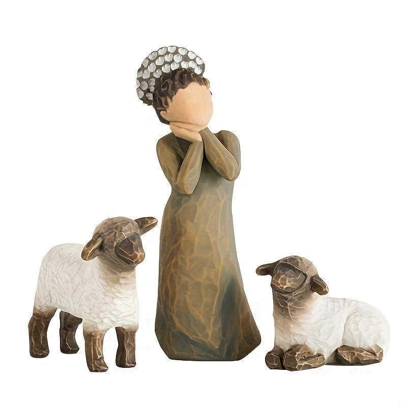 Sheep & Girl Design Resin Figurine for Ramadan Decor, 3 Counts set Creative Carved Handmade Decorative Statue for Home Decor, Ramadan Decorations