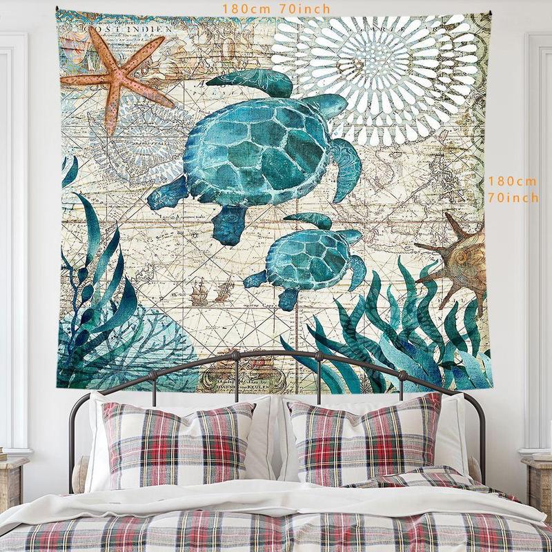 Turtle & Sea Pattern Tapestry, 1 Count Cute Wall Hanging Blanket, Wall Art Decor for Home Living Room Bedroom Study Room Office