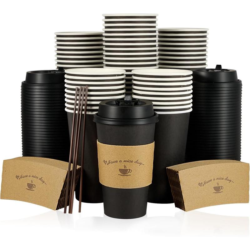 100 pack of 16 oz paper coffee cups. For hot coffee, chocolate drinks. Disposable. Comes with lids, sleeves, and stirring sticks. Black. Set Hand