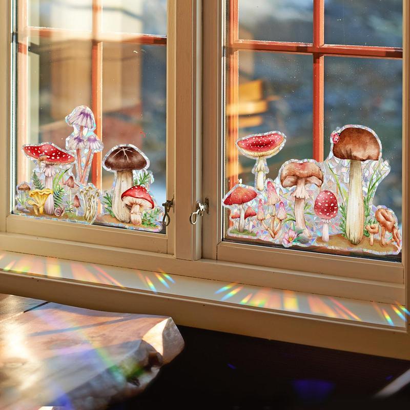 Mushroom & Flowers Pattern Window Sticker, 2 Counts Self Adhesive Window Decal, Decorative Sticker for Home Window Door