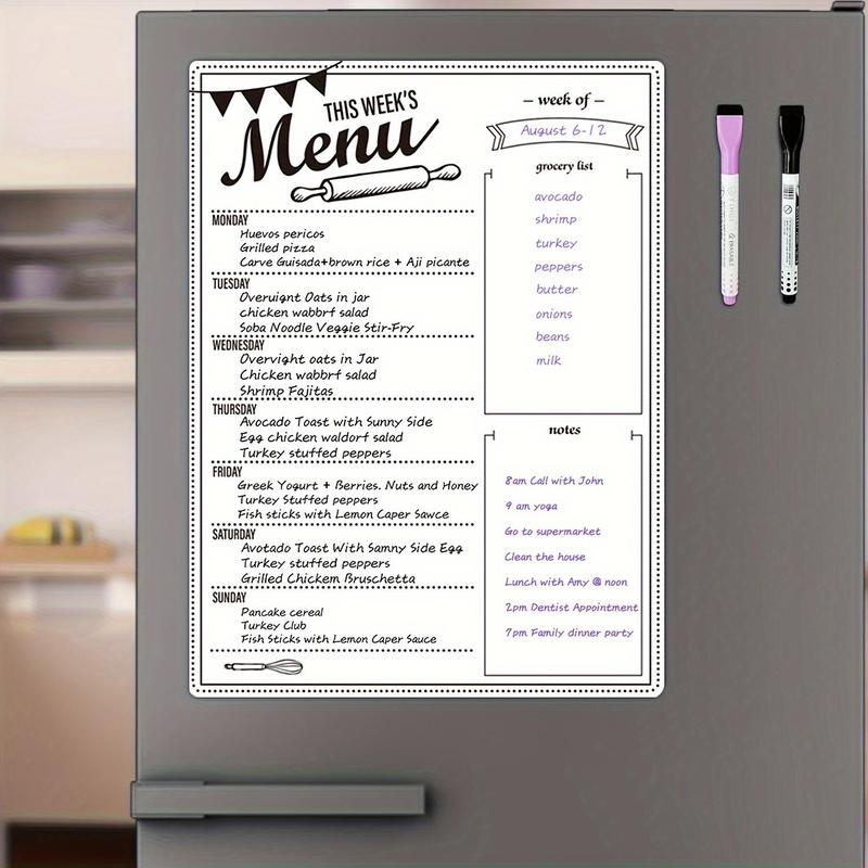 Magnetic Weekly Meal Planner, 1 Count Dry Erase Menu Board for Fridge with 2 Counts Markers, Weekly Food Planner for Refrigerator, Weekly Menu Planner Board for Kitchen