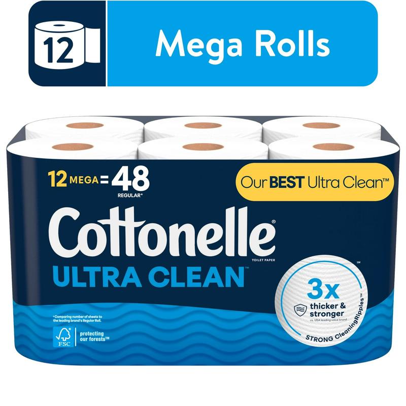 Cottonelle Ultra Clean Toilet Paper - 12 Mega Rolls, Advanced Clean and Softness for a Refreshing Feel