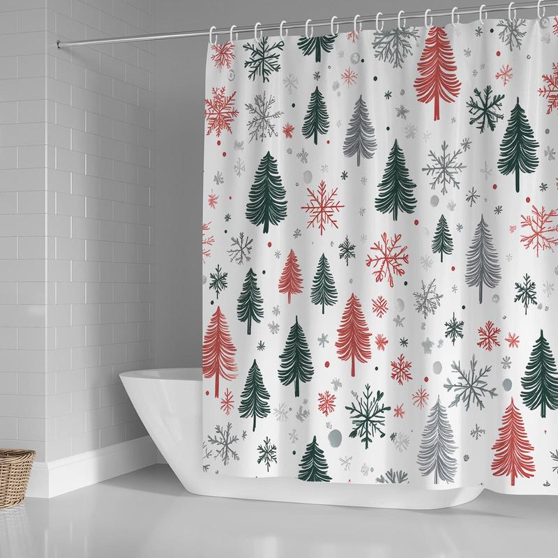 Christmas Tree & Snowflake & House Pattern Shower Curtain, 1 Count Bathroom Curtain with Hooks, Bathroom Accessories for Home Dormitory Hotel Decor