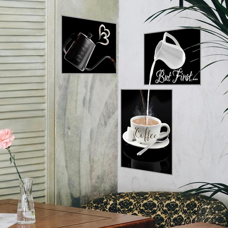 Creative Coffee & Tea Pattern Interactive Pattern Wall Stickers, 3 Counts Kitchen Canvas Wall Art Poster, Wall Decal, Summer Essentials